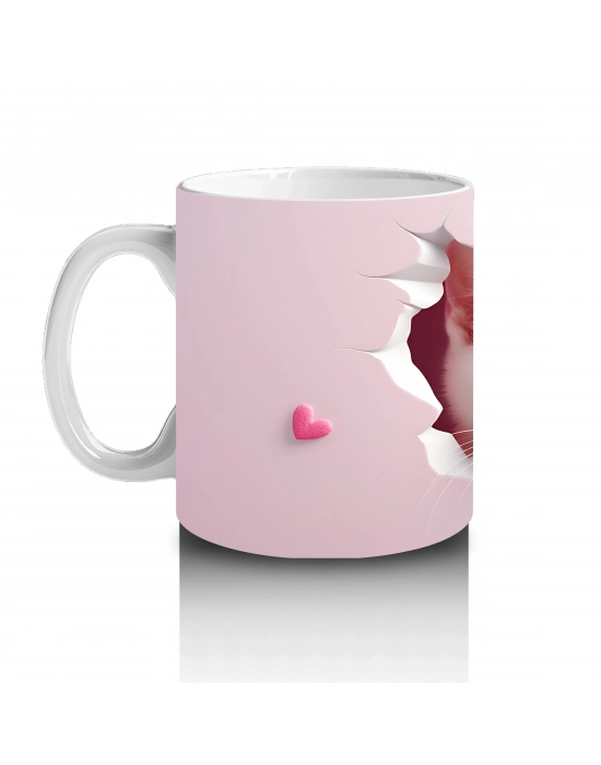 Pembe Kalplerle Süslenmiş Sevimli Kedi – Baskılı Kahve Kupası