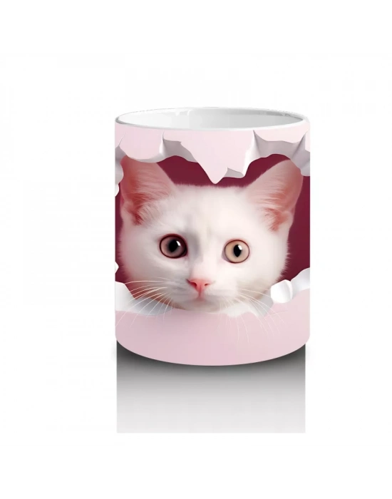 Pembe Kalplerle Süslenmiş Sevimli Kedi – Baskılı Kahve Kupası