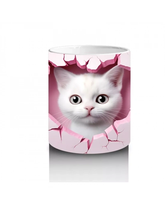 Pembe Kalplerle Süslenmiş Sevimli Kedi – Baskılı Kahve Kupası