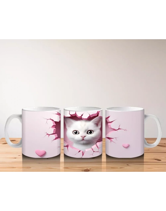 Pembe Kalplerle Süslenmiş Sevimli Kedi – Baskılı Kahve Kupası