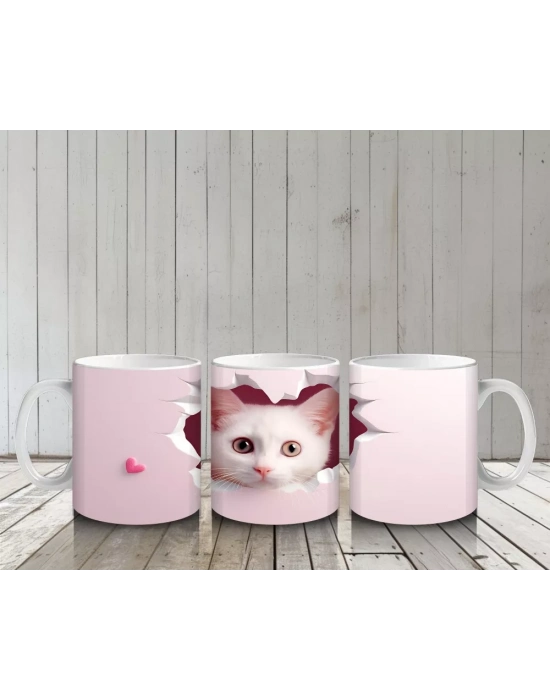 Pembe Kalplerle Süslenmiş Sevimli Kedi – Baskılı Kahve Kupası