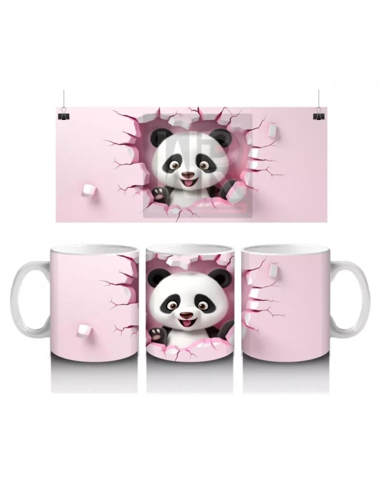 Pembe Kalplerle Süslenmiş Sevimli Panda Figürü - Baskılı kahve kupası