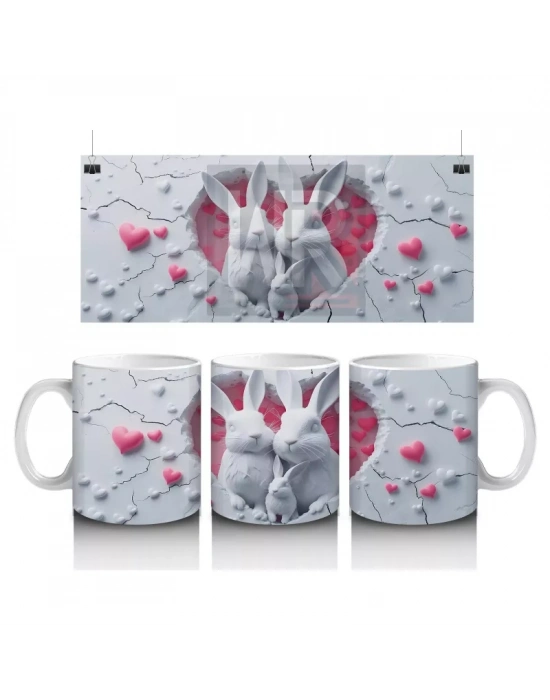 Pembe Kalplerle Süslenmiş Sevimli Tavşanlar – Baskılı Kahve Kupası