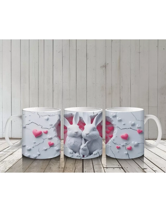 Pembe Kalplerle Süslenmiş Sevimli Tavşanlar – Baskılı Kahve Kupası