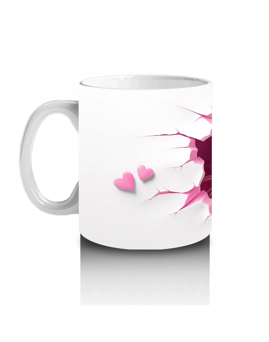 Pembe Kalplerle Süslenmiş Tatlı Kedi – Baskılı Kahve Kupası