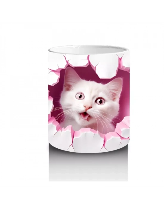 Pembe Kalplerle Süslenmiş Tatlı Kedi – Baskılı Kahve Kupası