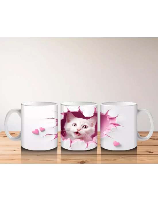 Pembe Kalplerle Süslenmiş Tatlı Kedi – Baskılı Kahve Kupası