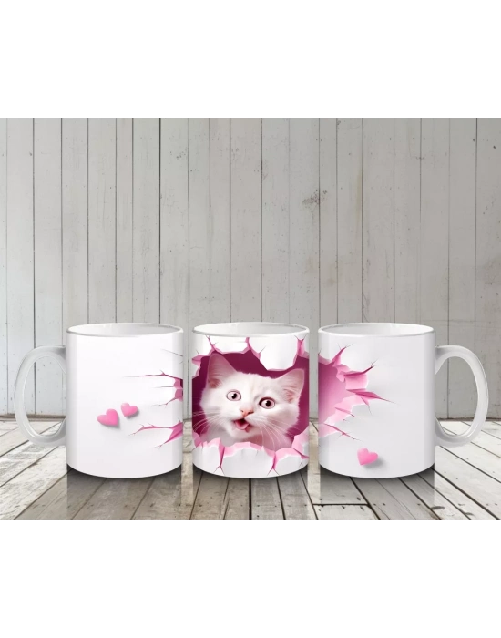 Pembe Kalplerle Süslenmiş Tatlı Kedi – Baskılı Kahve Kupası