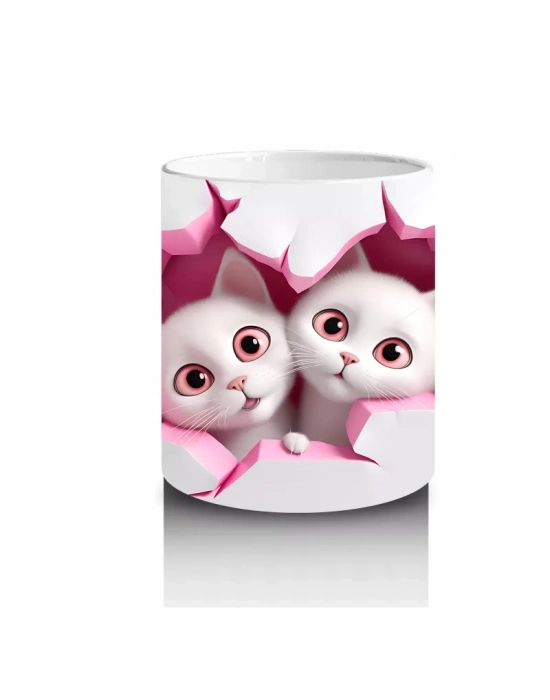 Pembe Kalplerle Süslenmiş Tatlı Kedi Çifti – Baskılı Kahve Kupası