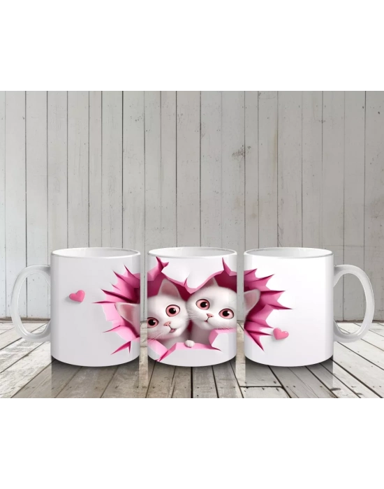Pembe Kalplerle Süslenmiş Tatlı Kedi Çifti – Baskılı Kahve Kupası