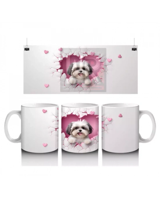 Pembe Kalplerle Süslenmiş Yavru Köpek – Baskılı Kahve Kupası