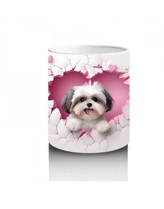 Pembe Kalplerle Süslenmiş Yavru Köpek – Baskılı Kahve Kupası