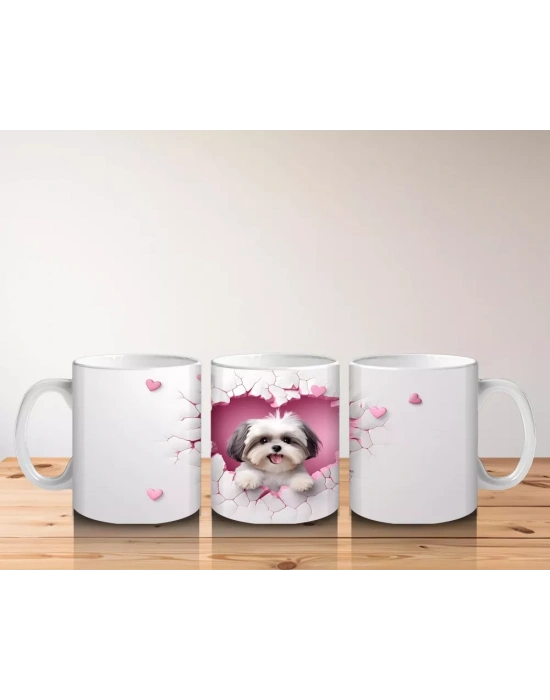 Pembe Kalplerle Süslenmiş Yavru Köpek – Baskılı Kahve Kupası
