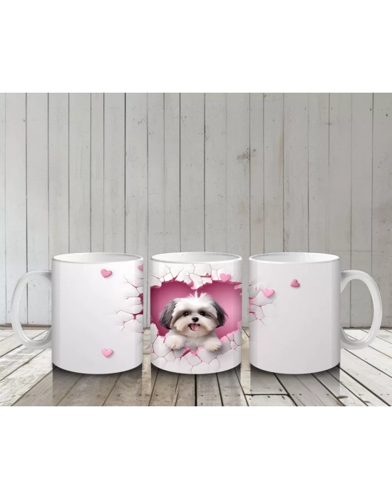 Pembe Kalplerle Süslenmiş Yavru Köpek – Baskılı Kahve Kupası