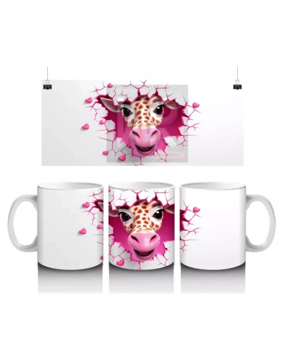 Pembe Kalplerle Süslenmiş Zürafa Maskot – Baskılı Kahve Kupası