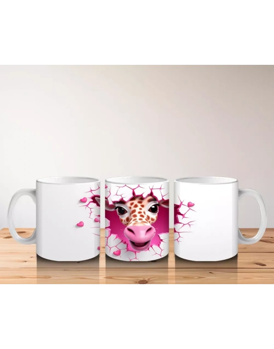 Pembe Kalplerle Süslenmiş Zürafa Maskot – Baskılı Kahve Kupası