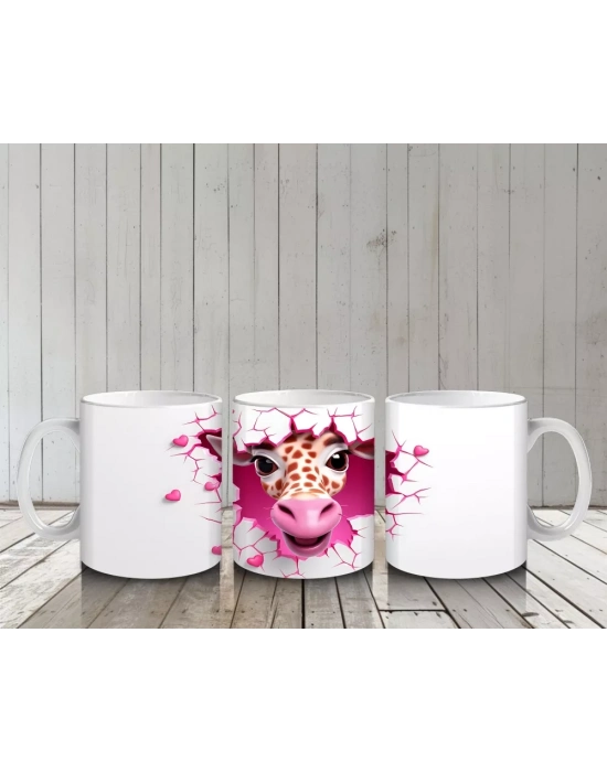 Pembe Kalplerle Süslenmiş Zürafa Maskot – Baskılı Kahve Kupası