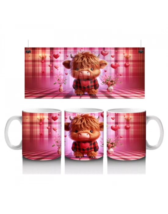 Pembe Kalplerle Süslü Sevimli Boğa – Baskılı Kahve Kupası