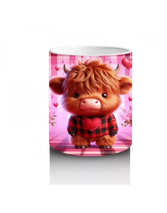 Pembe Kalplerle Süslü Sevimli Boğa – Baskılı Kahve Kupası