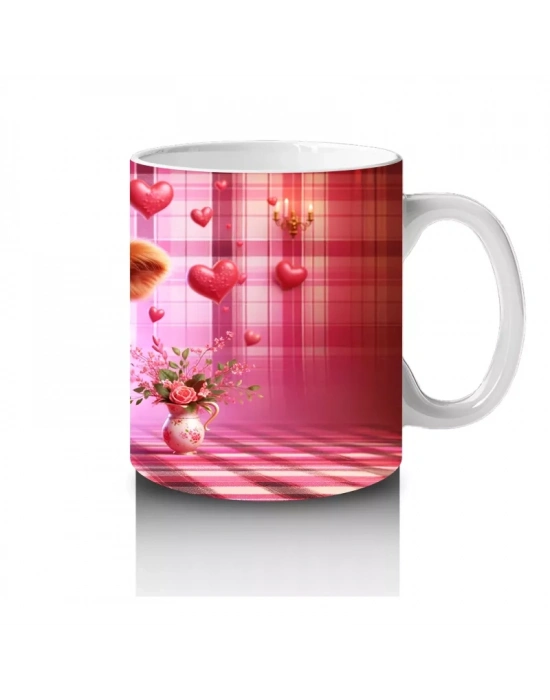 Pembe Kalplerle Süslü Sevimli Boğa – Baskılı Kahve Kupası