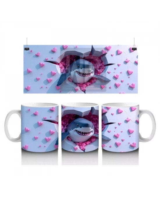 Pembe Kalpli Arka Plan Üzerinde Tatlı Mavi Köpekbalığı - Baskılı kahve kupası