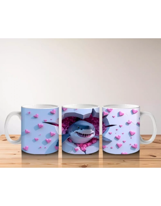 Pembe Kalpli Arka Plan Üzerinde Tatlı Mavi Köpekbalığı - Baskılı kahve kupası