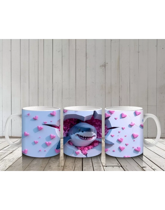 Pembe Kalpli Arka Plan Üzerinde Tatlı Mavi Köpekbalığı - Baskılı kahve kupası