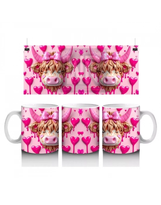 Pembe Kalpli Arka Planda Aşık Boğa Çifti – Baskılı Kahve Kupası