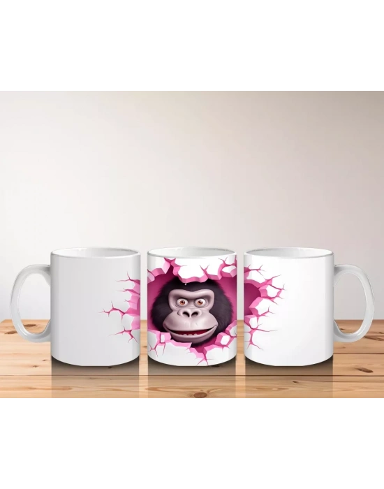 Pembe Kalpli Arka Planda Sevimli Goril - Baskılı Kahve Kupası