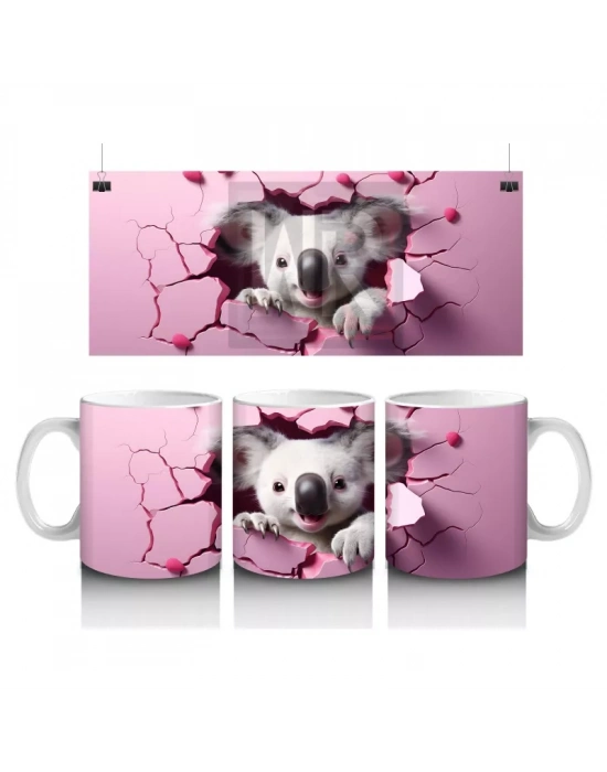 Pembe Kalpli Arka Planda Sevimli Koala İllüstrasyonu - Baskılı kahve kupası