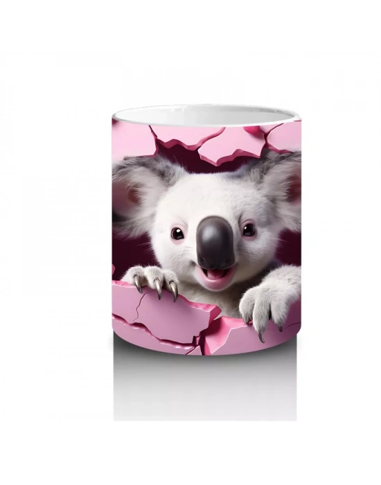 Pembe Kalpli Arka Planda Sevimli Koala İllüstrasyonu - Baskılı kahve kupası