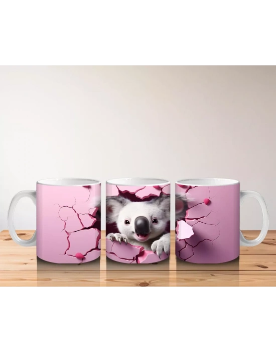 Pembe Kalpli Arka Planda Sevimli Koala İllüstrasyonu - Baskılı kahve kupası