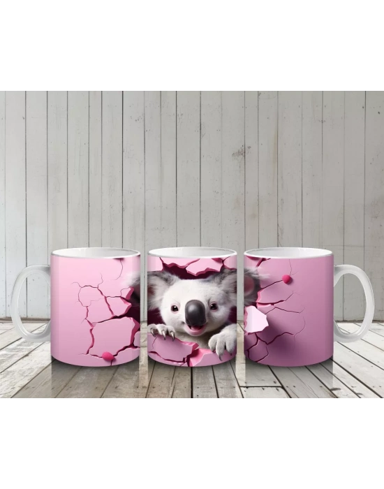 Pembe Kalpli Arka Planda Sevimli Koala İllüstrasyonu - Baskılı kahve kupası
