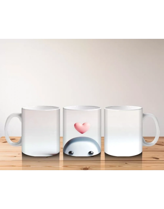 Pembe Kalpli Balonla Penguen Maskotu – Baskılı Kahve Kupası