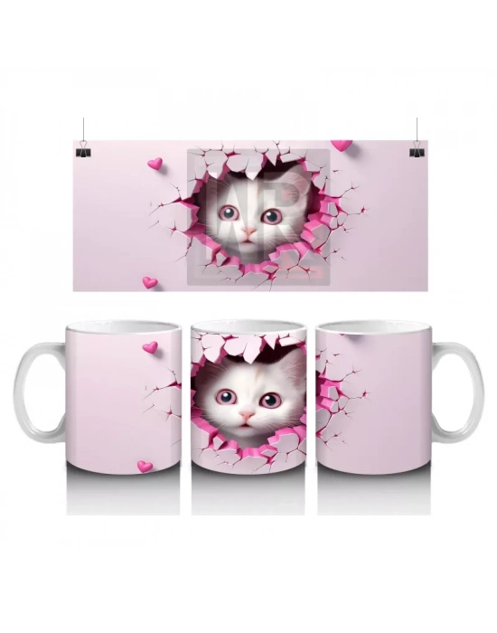 Pembe Kalpli Çatlak Duvar Arasında Tatlı Kedi – Baskılı Kahve Kupası