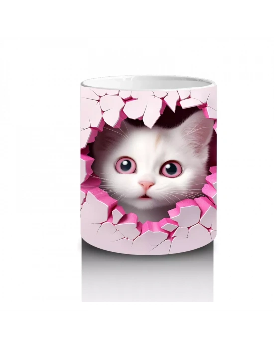 Pembe Kalpli Çatlak Duvar Arasında Tatlı Kedi – Baskılı Kahve Kupası
