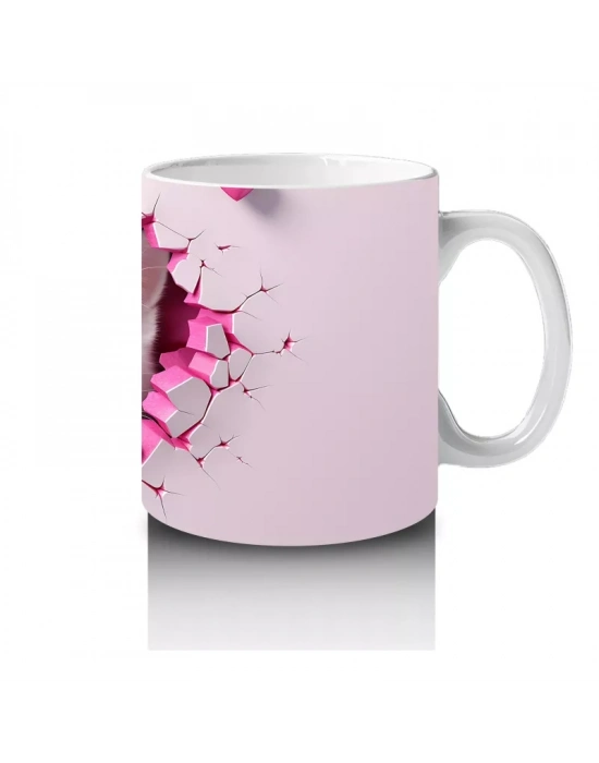 Pembe Kalpli Çatlak Duvar Arasında Tatlı Kedi – Baskılı Kahve Kupası