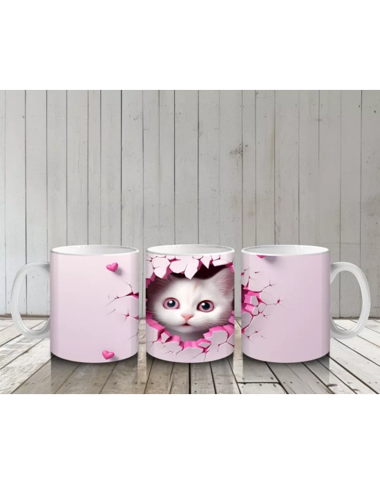 Pembe Kalpli Çatlak Duvar Arasında Tatlı Kedi – Baskılı Kahve Kupası
