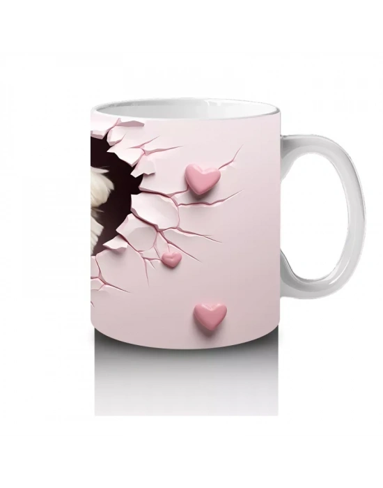 Pembe Kalpli Çatlak Duvar Arasından Bakan Beyaz Pofuduk Köpek Kupa