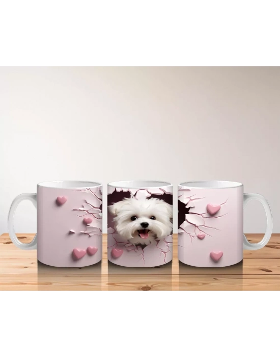 Pembe Kalpli Çatlak Duvar Arasından Bakan Beyaz Pofuduk Köpek Kupa