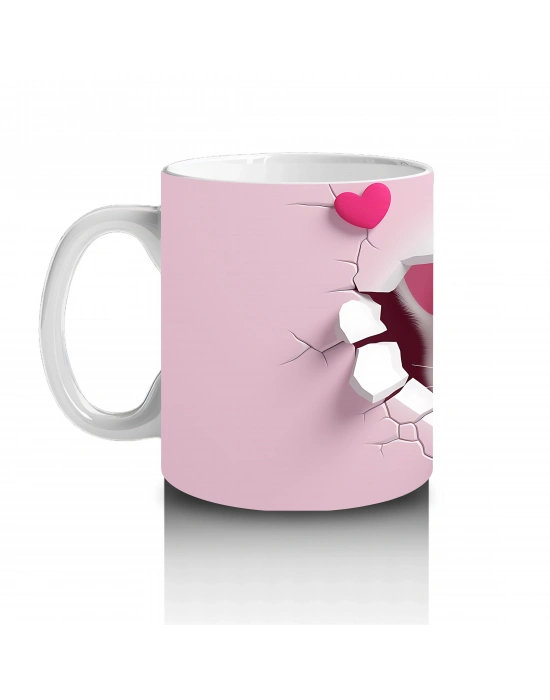 Pembe Kalpli Çatlak Duvar Arasından Bakan Sevimli Kedi Kupa