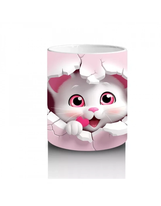 Pembe Kalpli Çatlak Duvar Arasından Bakan Sevimli Kedi Kupa