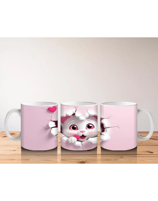 Pembe Kalpli Çatlak Duvar Arasından Bakan Sevimli Kedi Kupa