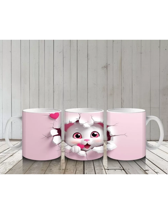 Pembe Kalpli Çatlak Duvar Arasından Bakan Sevimli Kedi Kupa