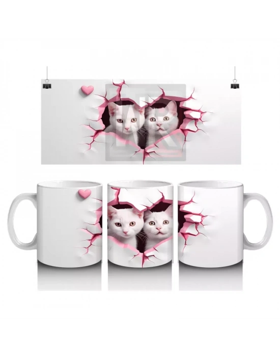 Pembe Kalpli Desende İkili Kedi Figürü – Baskılı Kupa