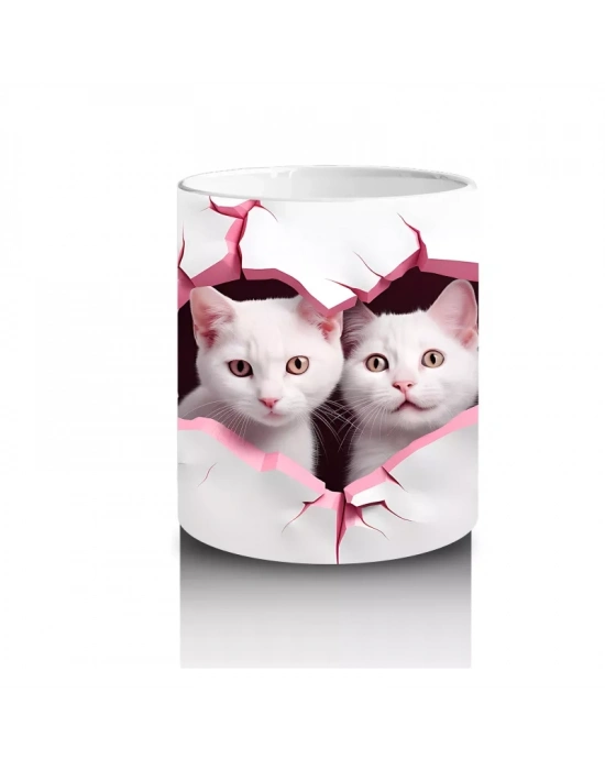 Pembe Kalpli Desende İkili Kedi Figürü – Baskılı Kupa