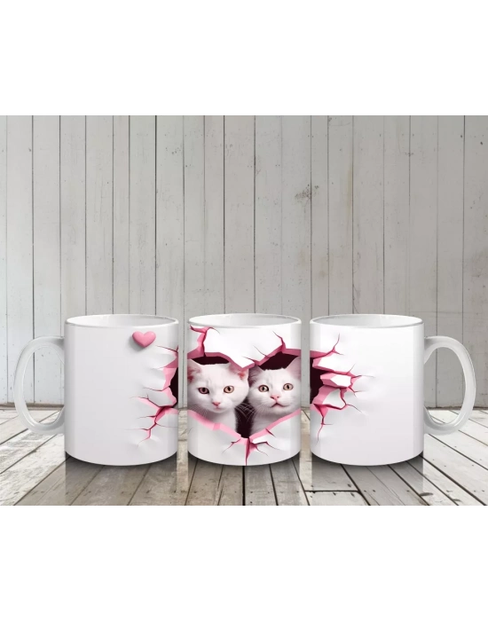 Pembe Kalpli Desende İkili Kedi Figürü – Baskılı Kupa