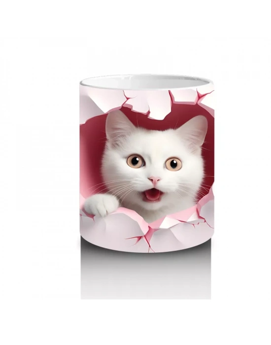 Pembe Kalpli Duvar Arasında Beyaz Kedi – Baskılı Kahve Kupası