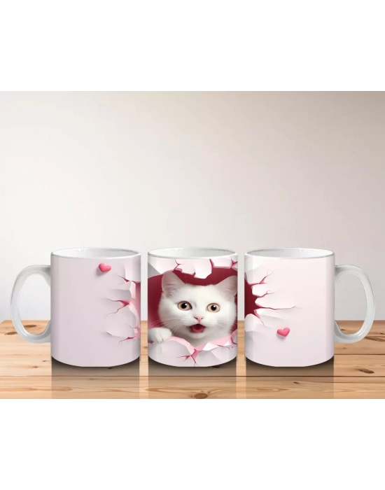 Pembe Kalpli Duvar Arasında Beyaz Kedi – Baskılı Kahve Kupası