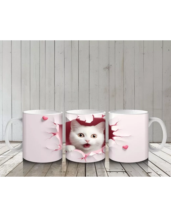 Pembe Kalpli Duvar Arasında Beyaz Kedi – Baskılı Kahve Kupası